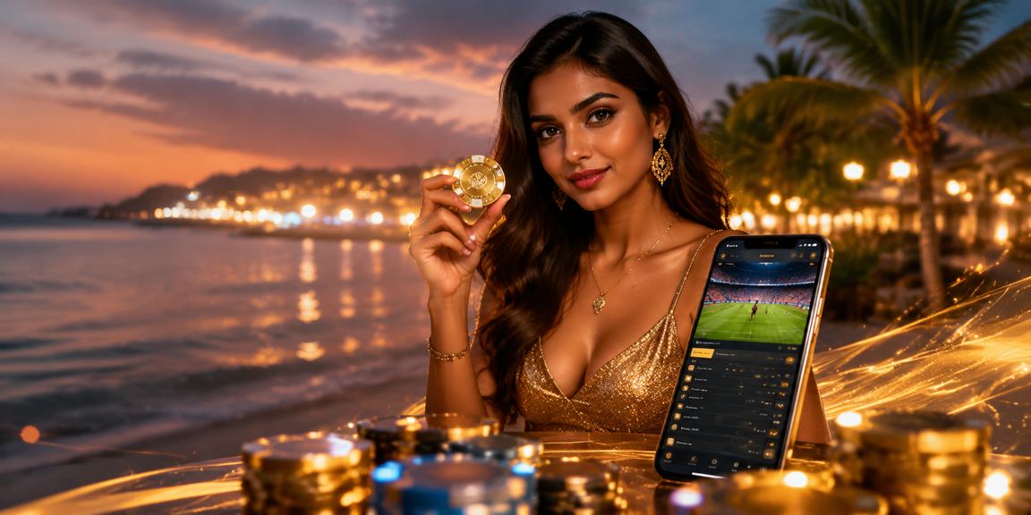 Scenic Goa beach backdrop with sports betting and Aviator enthusiasts using mobile devices
