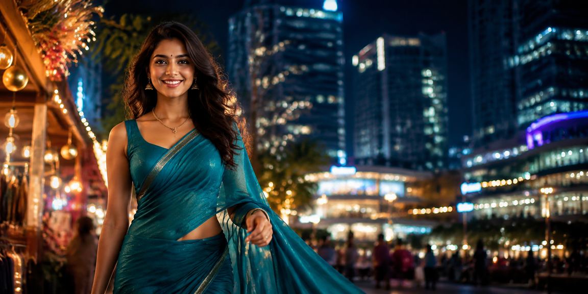 Young woman in traditional saree using mobile casino app in India